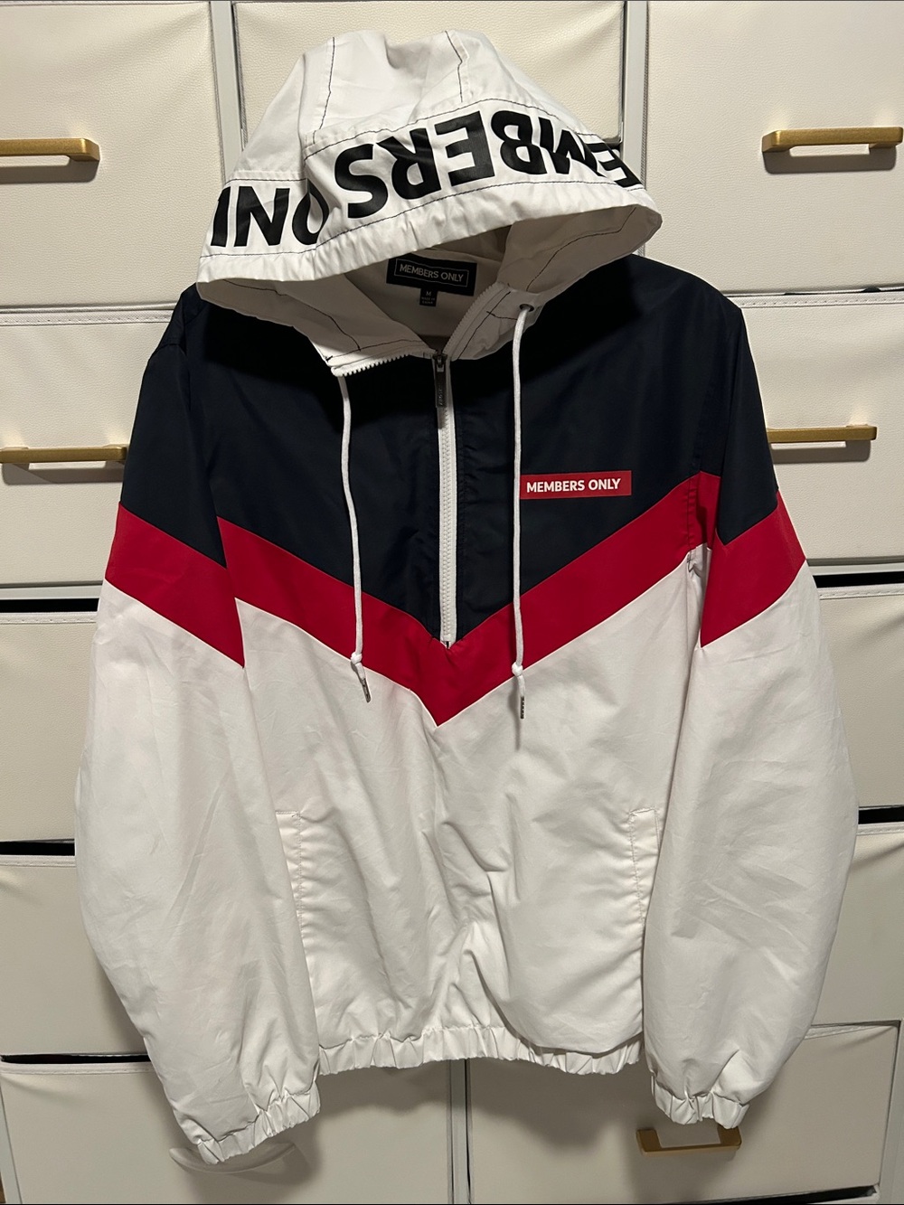 Members Only White Navy and Red Chevron Hooded Windbreaker